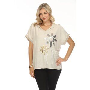 Beige Floral silver gold Print Hooded Top
